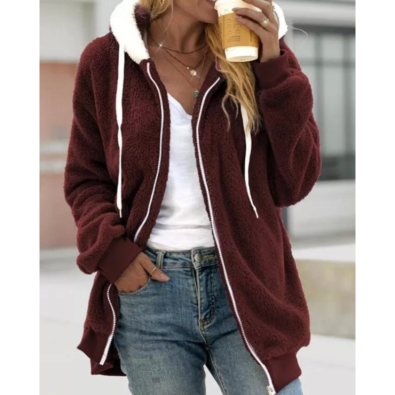 Women's Loose Plush Zipper Hooded For Sweaters