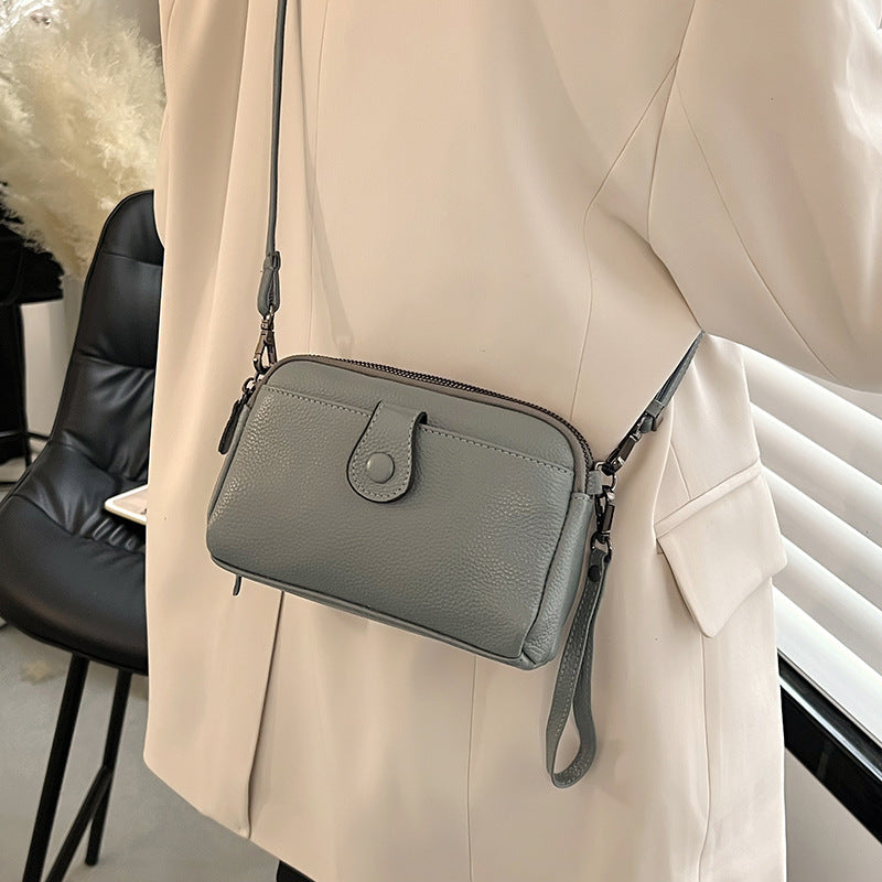 Women's Top Layer Cattlehide Leather Fashion Double Zipper Clutch Leisure Women's Shoulder Bag