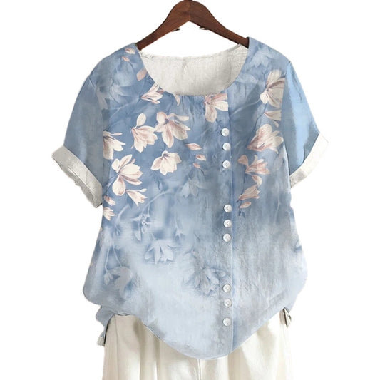 Women's Summer Retro Cotton Linen Fashion Printed Loose Blouses