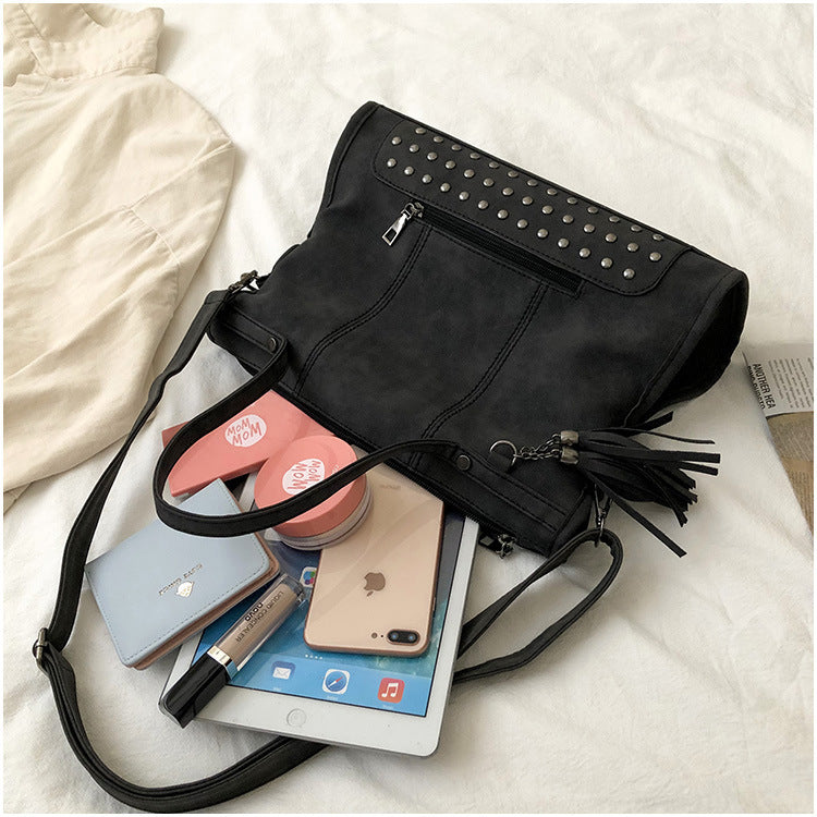 Women's Rivet Tassel Motorcycle Portable Large Women's Shoulder Bag