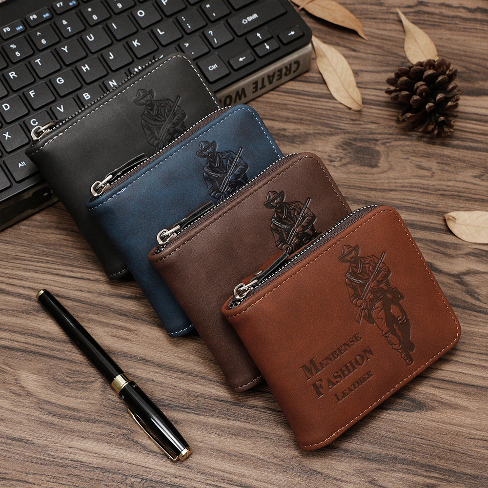 Men's Trendy Hunter Embossed Short Scarf Large Capacity Three Fold Pocket Handbags