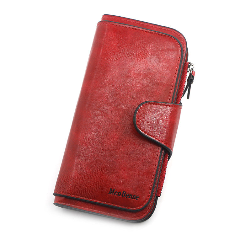 Women's Retro Oil Wax Skin Long Clutch Purses