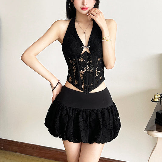 Women's Winter Sexy Backless Halter Lace Hollow Tops