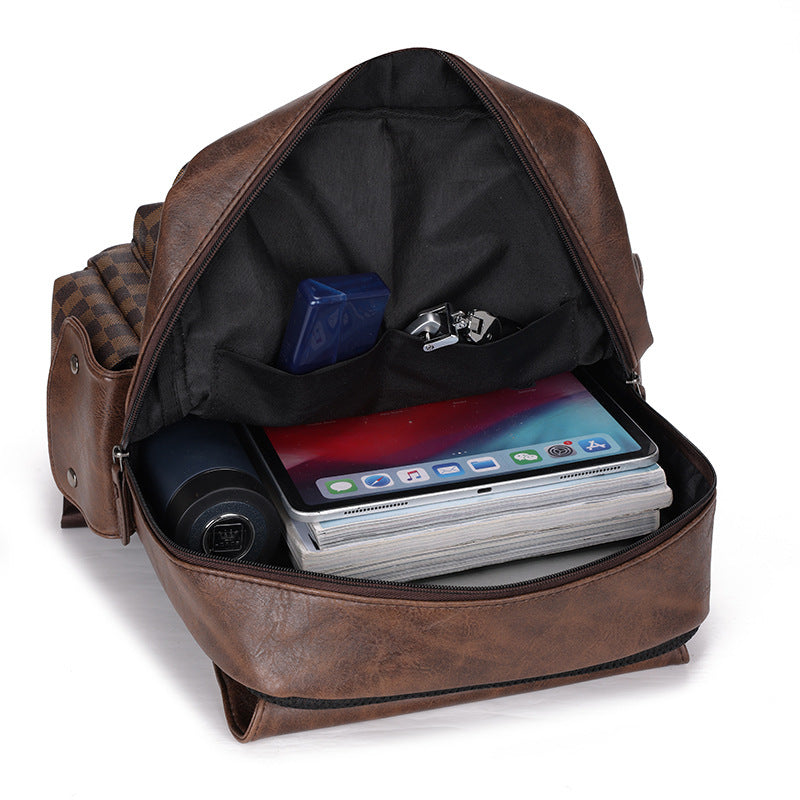 Men's Leather Fashion Plaid Large Capacity Leisure Backpacks