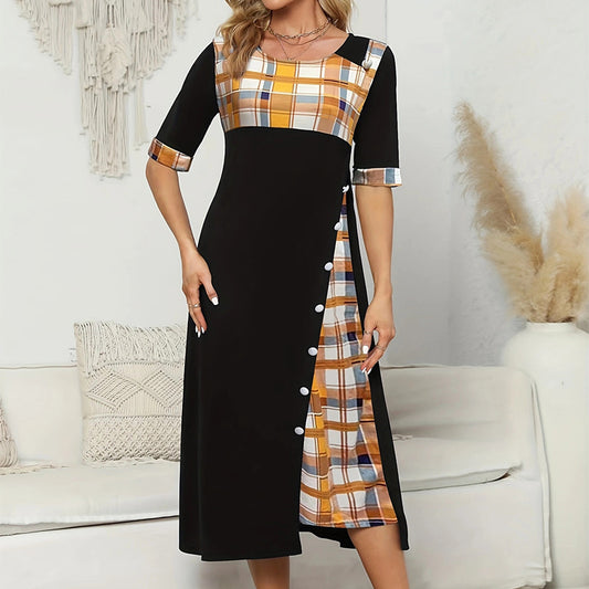 Women's Dress Round Neck Contrast Color Half Dresses