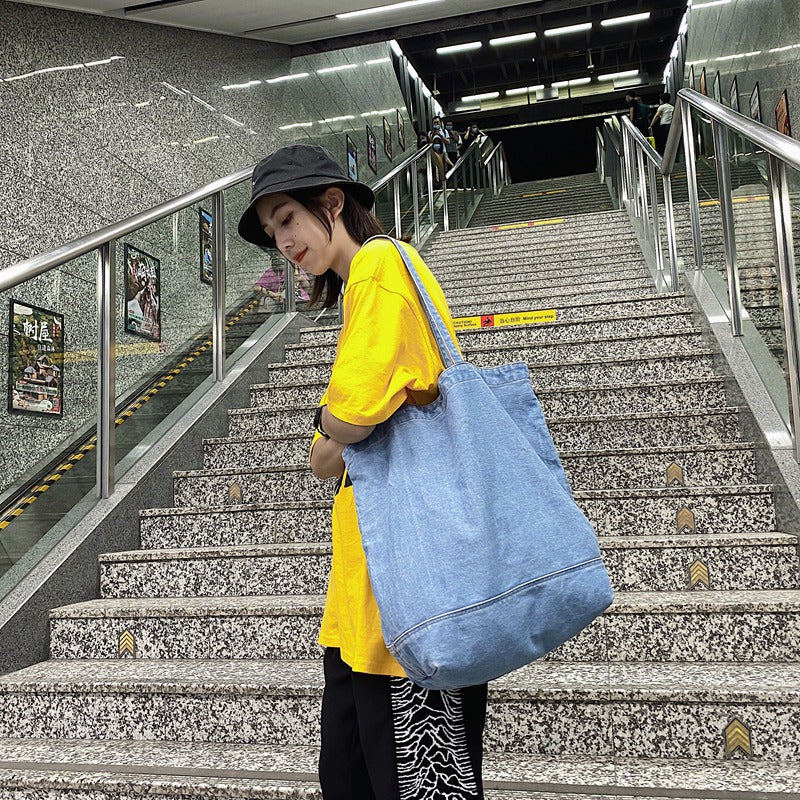 Women's Korean Style Denim Canvas Simple Large Capacity Solid Women's Shoulder Bag