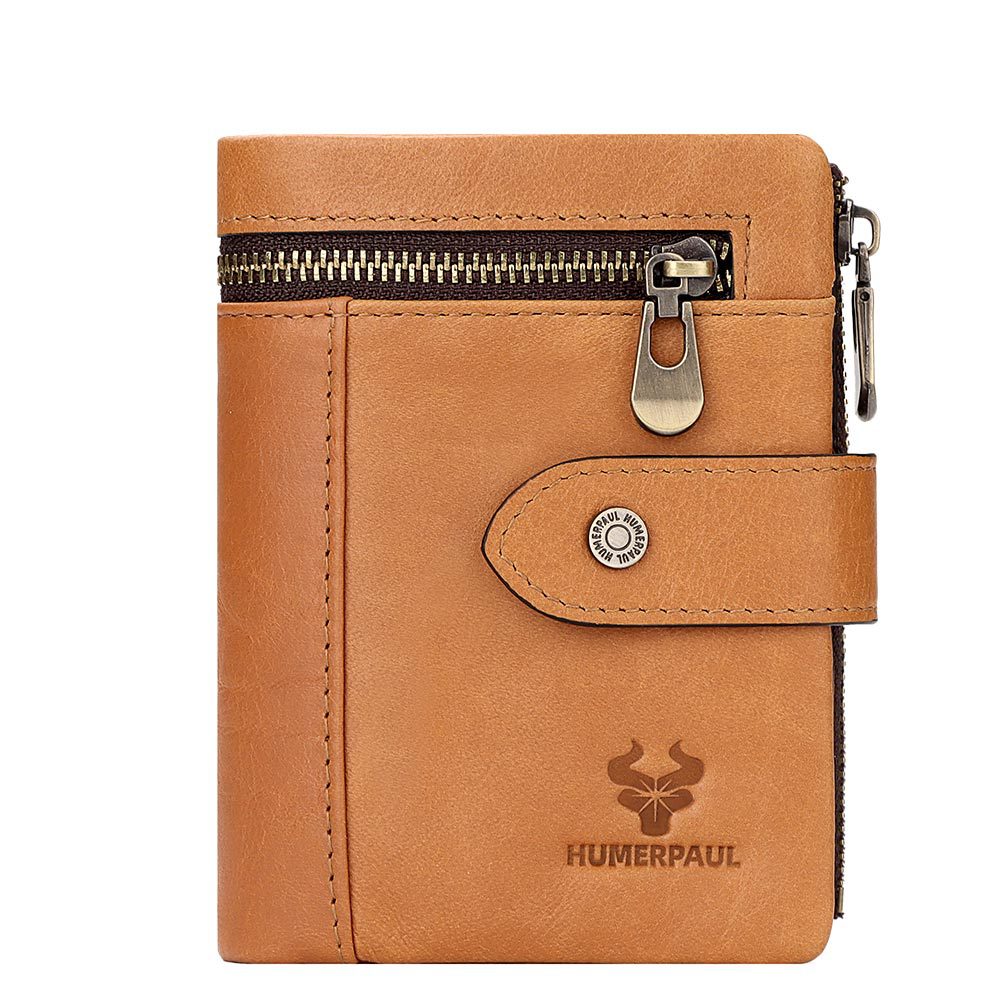 First Layer Cowhide Zipper Multiple Slots Pocket Men's Wallets