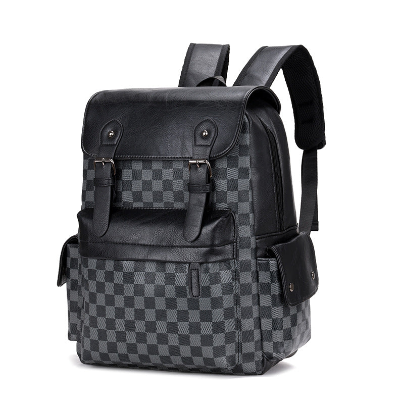Men's Leather Fashion Plaid Large Capacity Leisure Backpacks