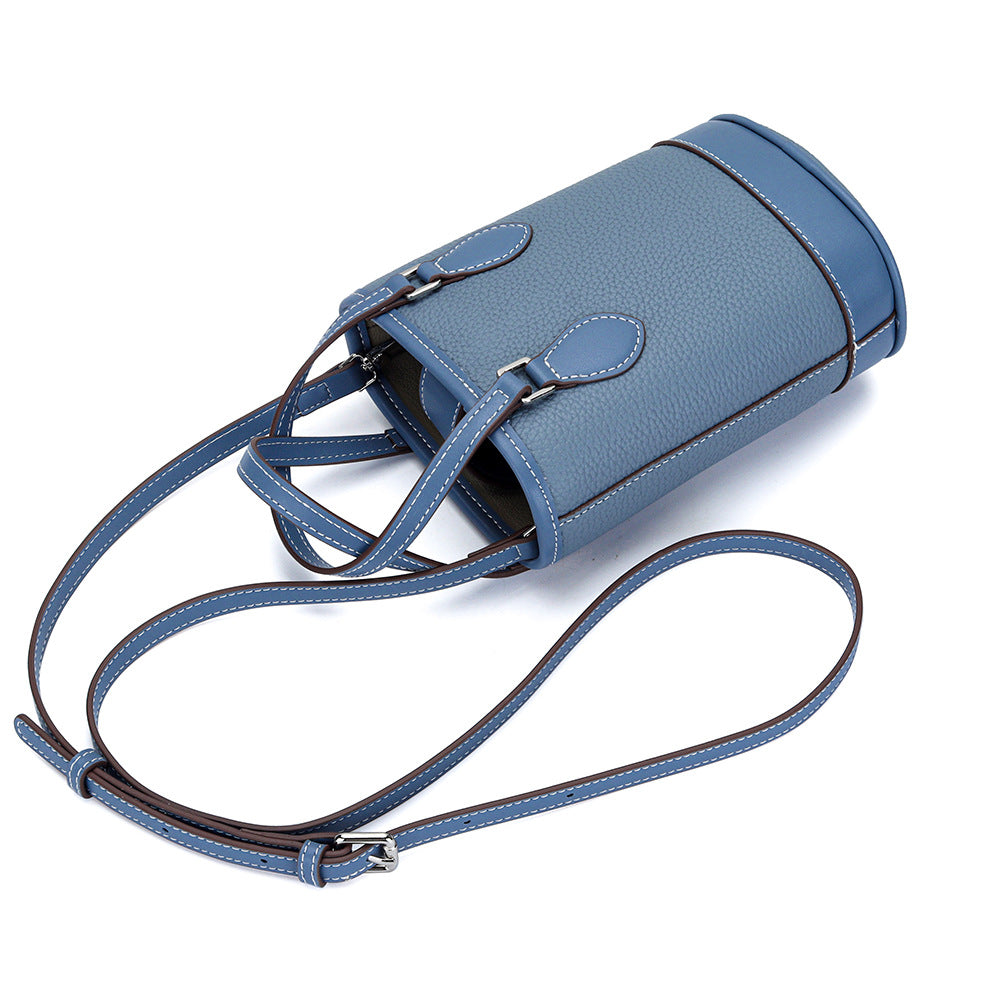 Women's Fashion Color Contrast Vertical Portable Design Genuine Bucket Bags