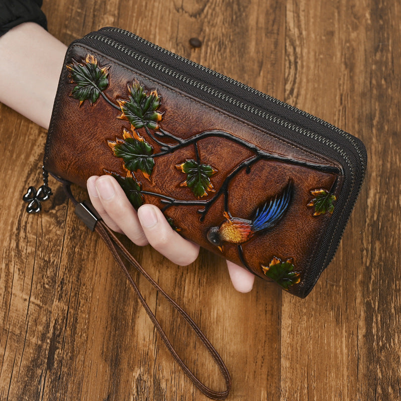 Women's Tanned Leather Long Embossed Swiping Clutch Fashion Ladies Wallet