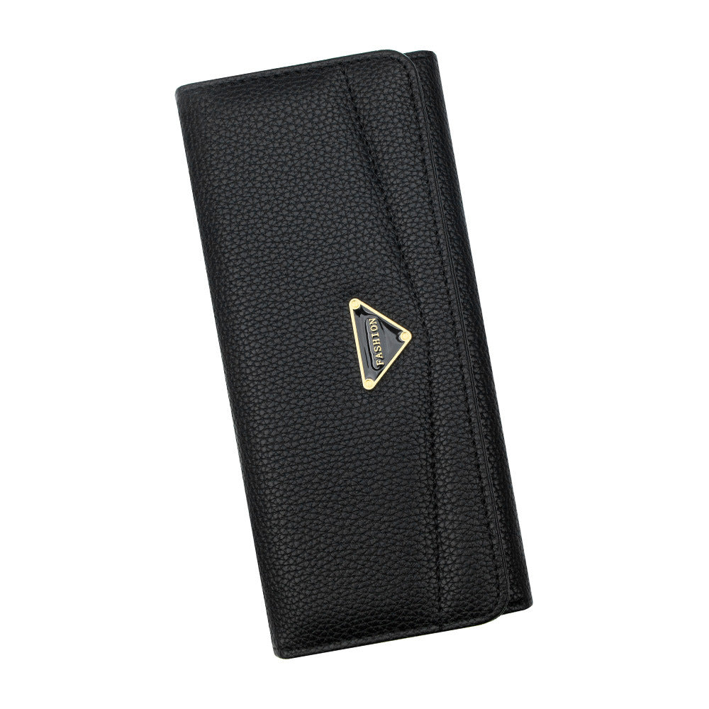 Solid Color Litchi Pattern Long Two Ladies Wallet