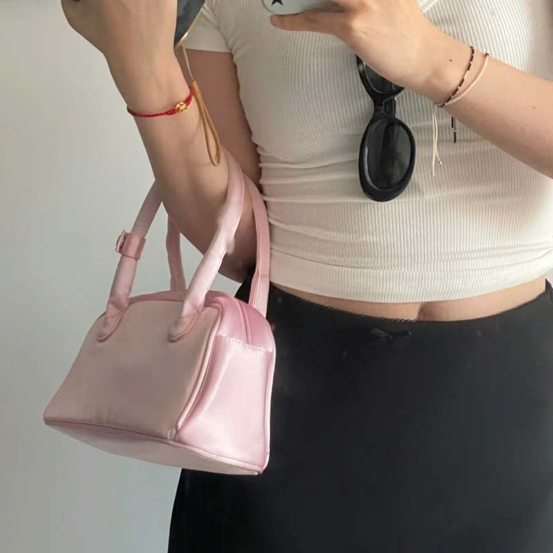Female Niche Satin Pink Ballet Style Bowling Small Square Bags