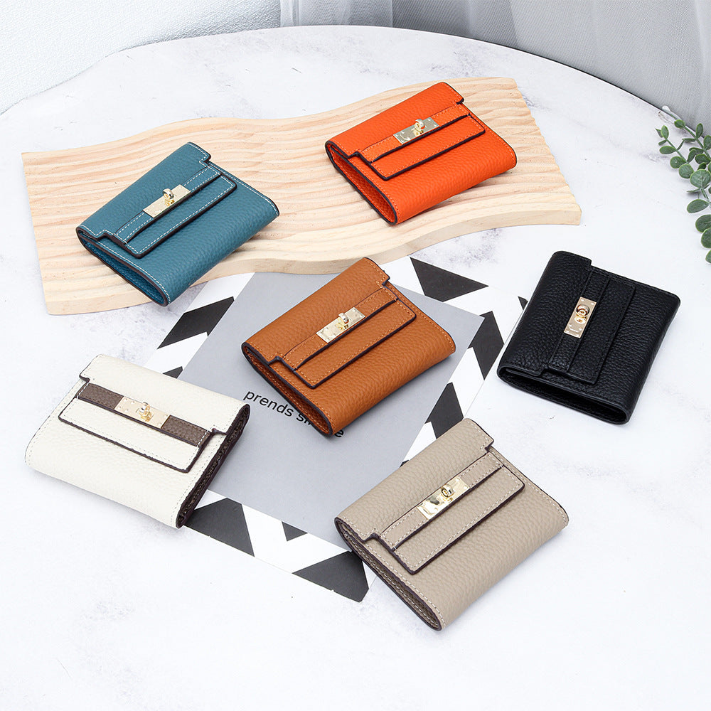 Women's Cowhide Short Fashion Folding Genuine Leather Ladies Wallet