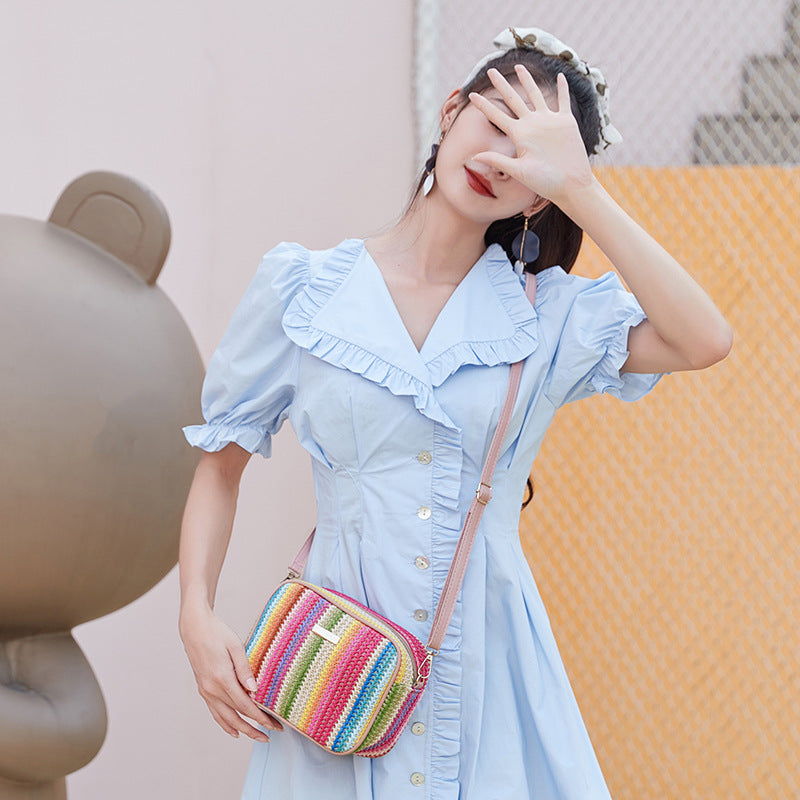 Attractive Colorful Straw Woven Versatile Rainbow Bags