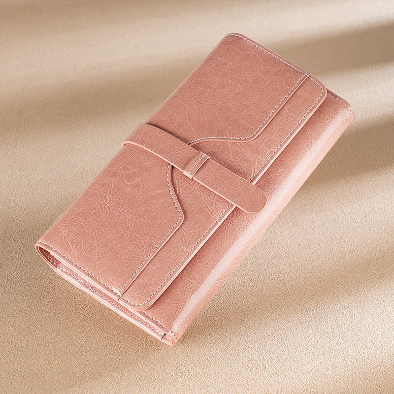 Women's Oil Wax Leather Long Multiple Slots Cowhide Ladies Wallet