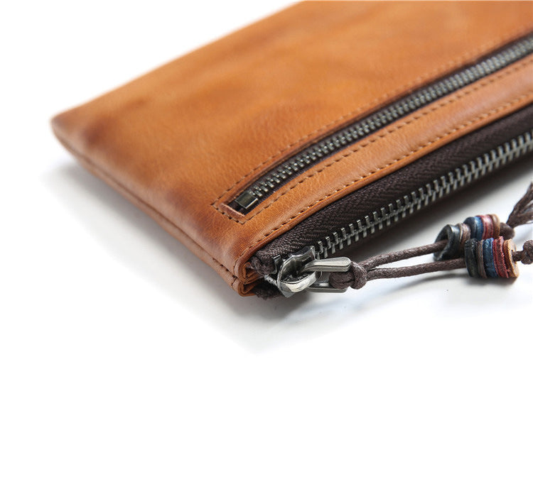 Women's & Men's Handmade Retro Long Genuine Leather Cowhide Clutch Bags