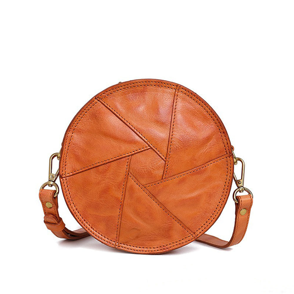 Women's Vegetable Tanned Leather Cow Hand Grip Pattern Round Vintage Bags