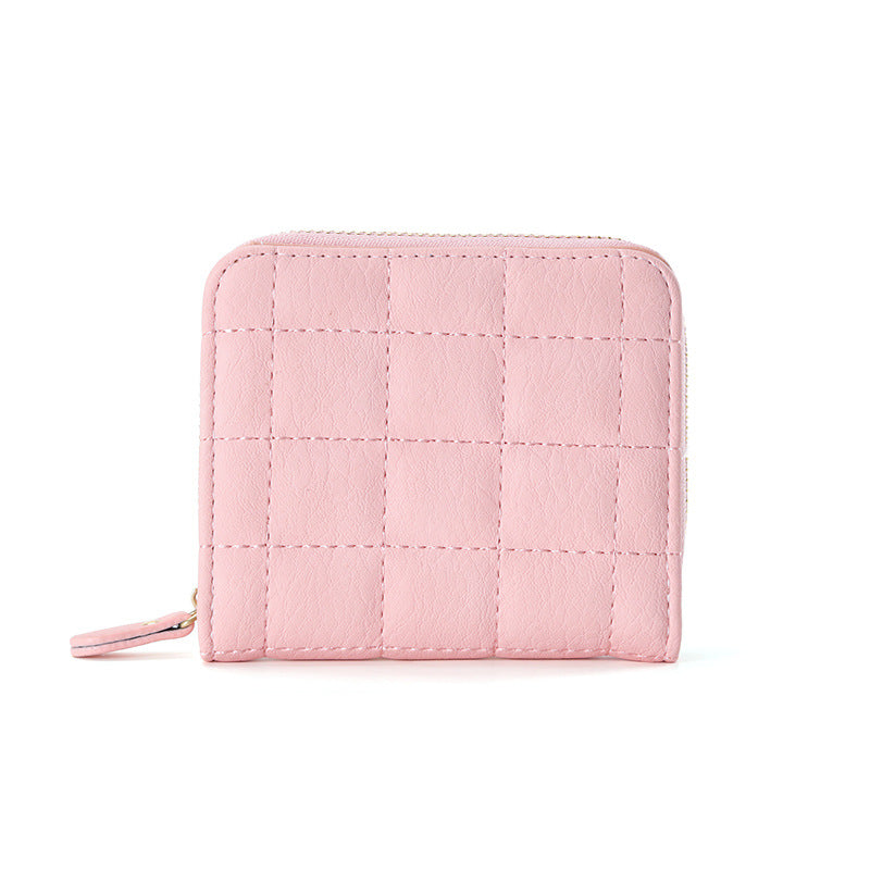 Women's Short Korean Multiple Slots Zipper Hasp Plaid Coin Purses