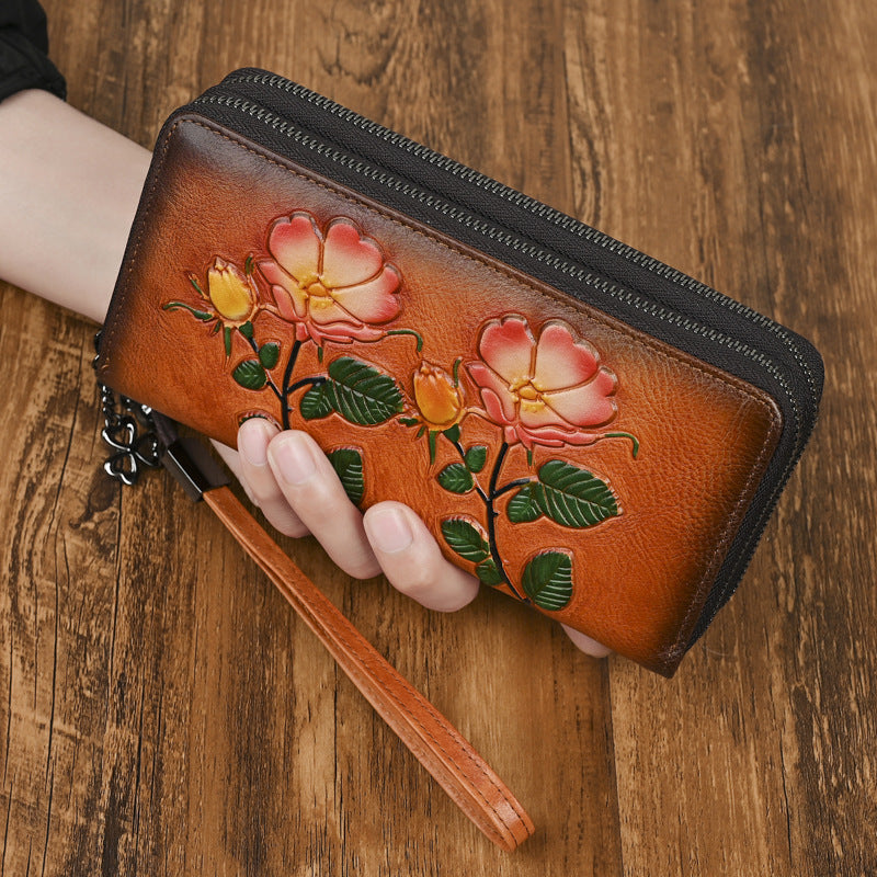 Women's Retro Zipper Long Genuine Leather Clutch Multiple Ladies Wallet