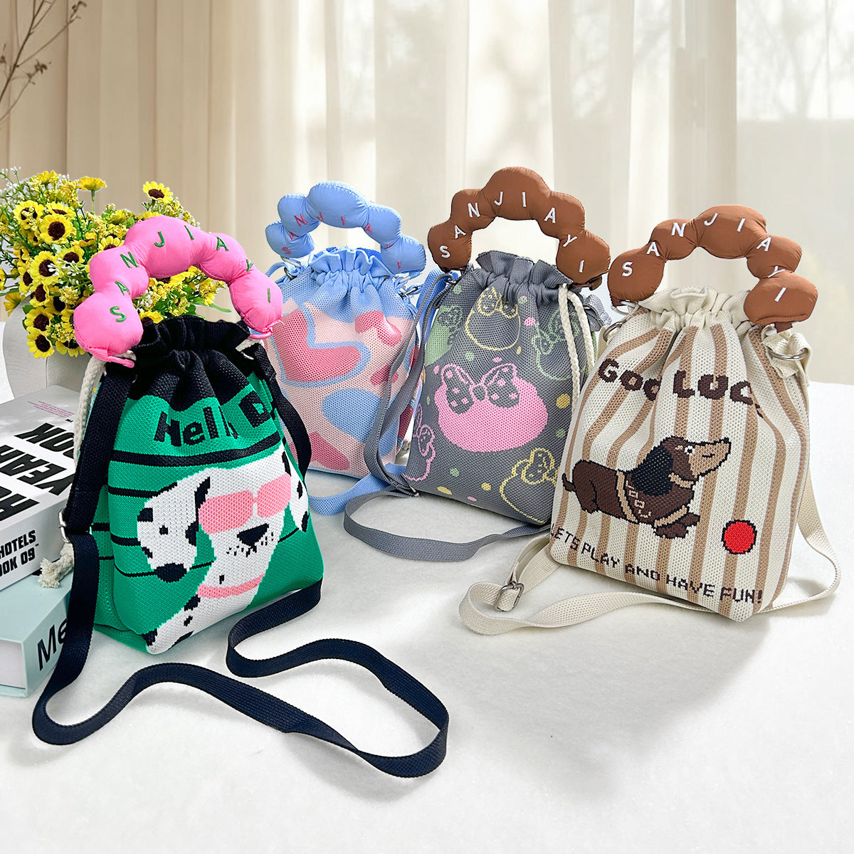 Woven Jacquard Female Drawstring Pocket Cartoon Knitted Wool Flying Phone Bags