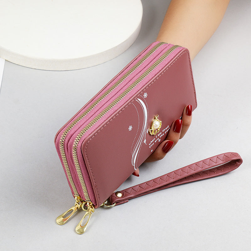 Women's Layer Zipper Long Wrist Clutch Pearl Ladies Wallet