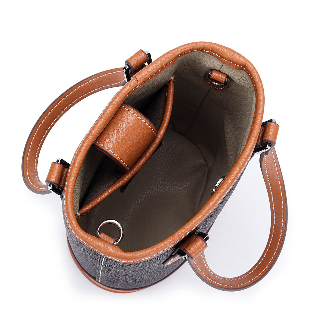 Women's Fashion Color Contrast Vertical Portable Design Genuine Bucket Bags
