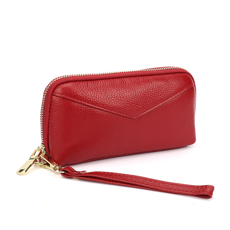 Women's Cowhide Zipper Fashionable Stitching Wire Genuine Leather Clutch Ladies Wallet