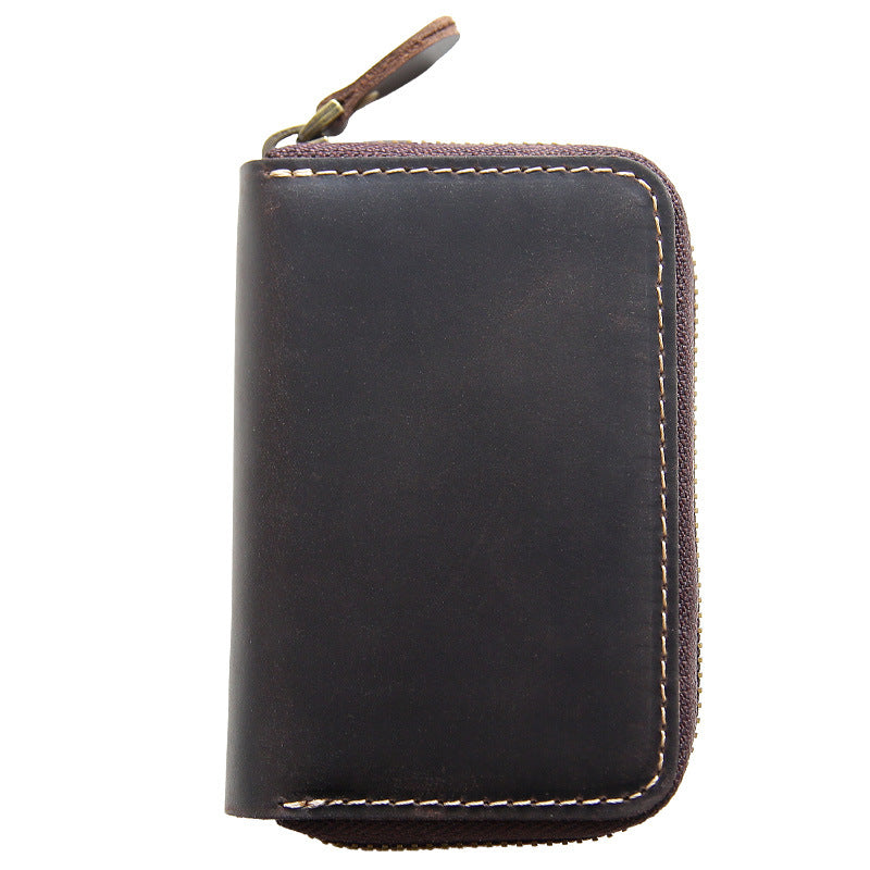 Men's Horse Leather Zipper Genuine Large Capacity Expanding Multiple Card Holder