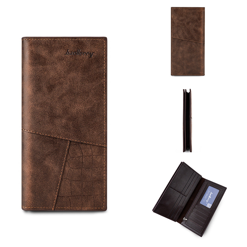 Men's Long Leather Patchwork Multiple Slots Zipper Bags
