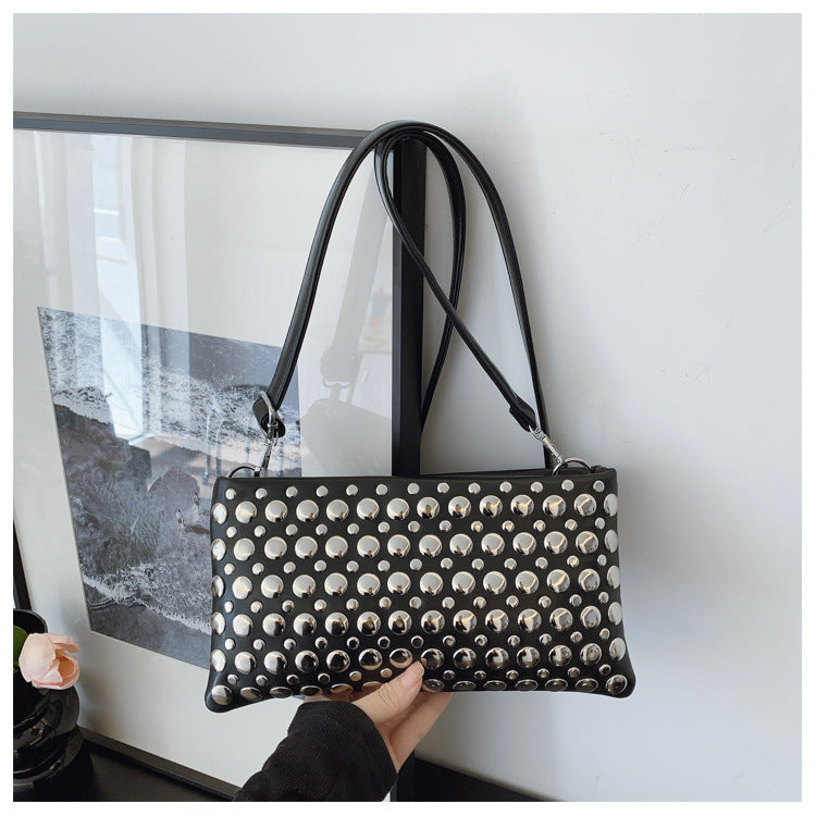 Women's Rivet Shiny Textured Wide Strap Small Square Bags