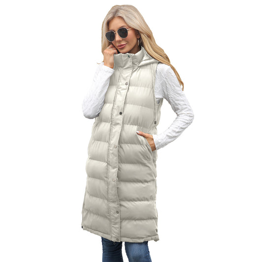 Women's Hooded Sleeveless Long Solid Color Zipper Vests