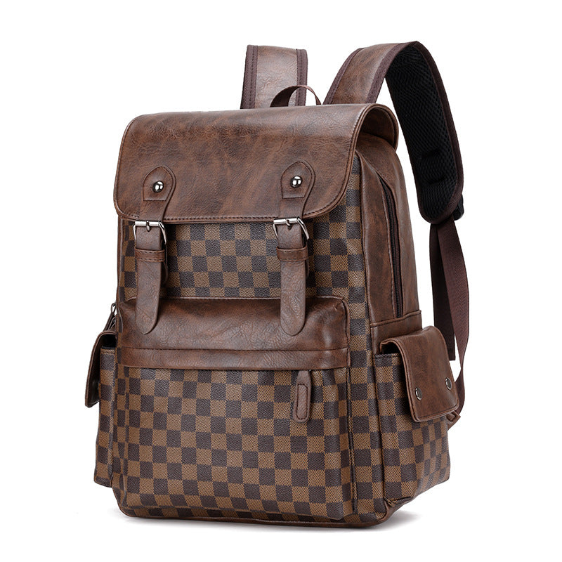 Men's Leather Fashion Plaid Large Capacity Leisure Backpacks