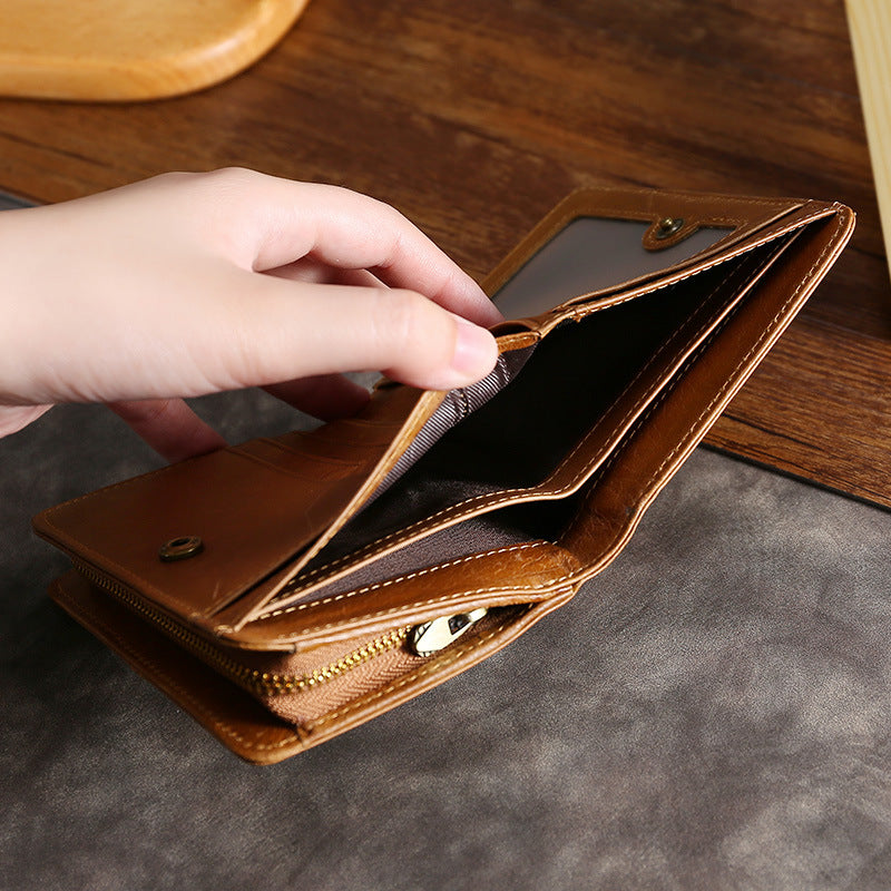 Men's Oil Wax Leather Short Zipper Multifunctional Men's Wallet