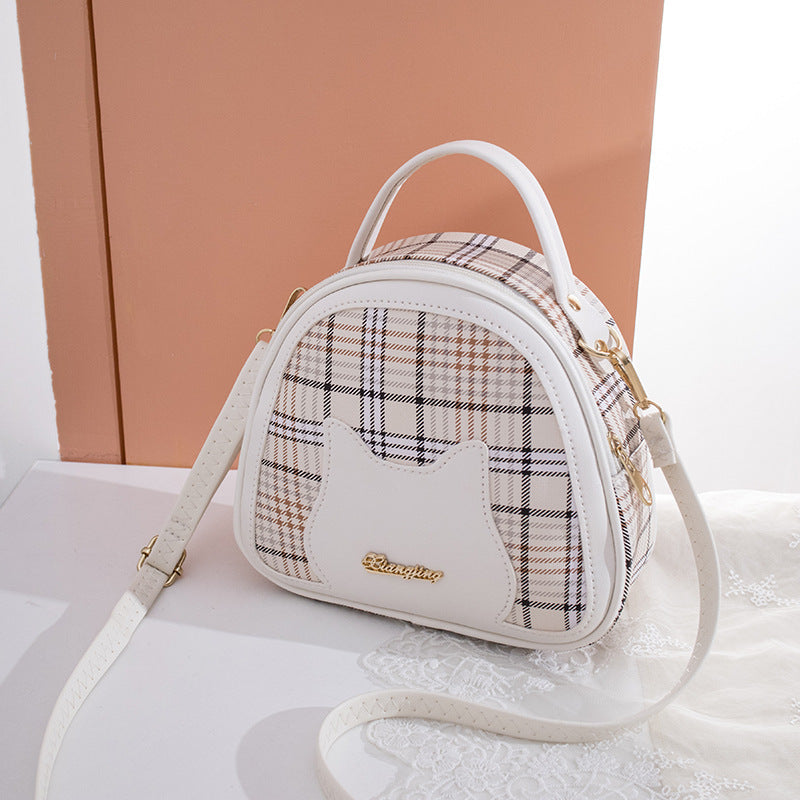Women's Plaid Contrast Color Cat Face Letter Label Portable Shoulder Bags