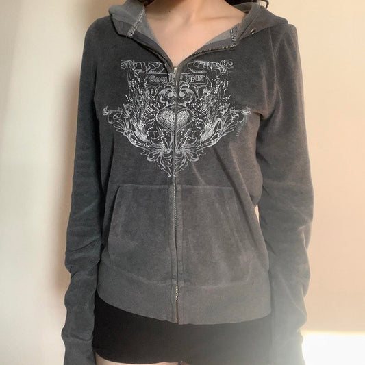 Women's Early Autumn Retro Printed Hoodie Personality Street Gray With Sweaters