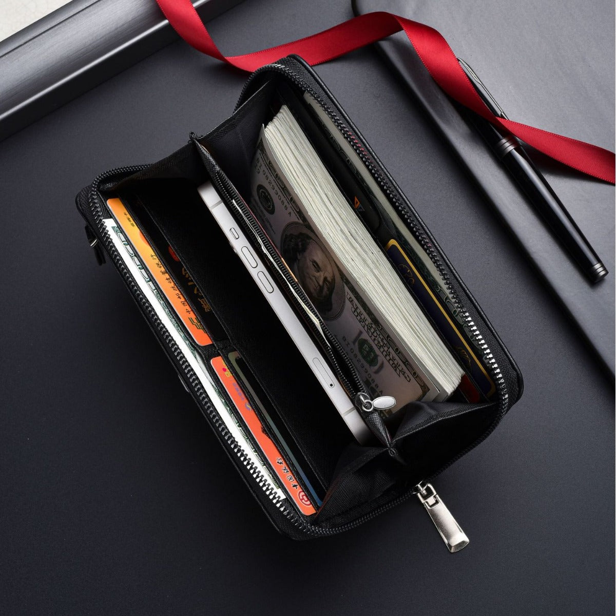 Men's Zipper Outer Car Drawing Mobile Clutch Soft Leather Phone Bags