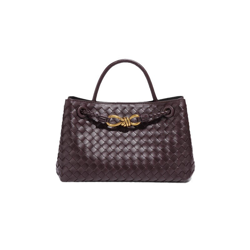 Women's Design Metal Cord Fastener Authentic Leather Weave Portable Shoulder Bags