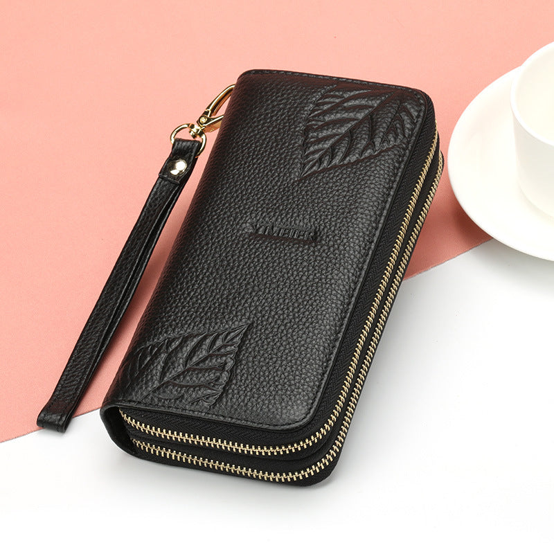 Women's Layer Cowhide Long Double Zipper Large Ladies Wallets