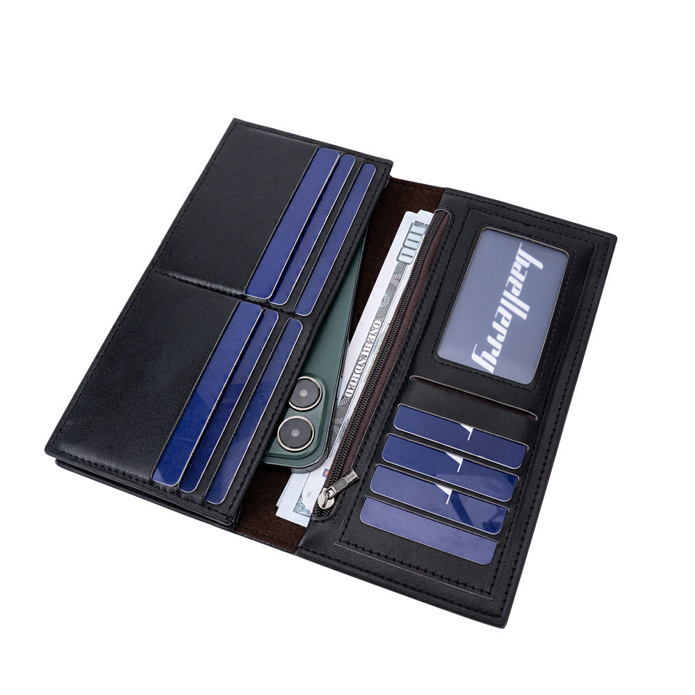 Men's Long Leather Patchwork Multiple Slots Zipper Bags