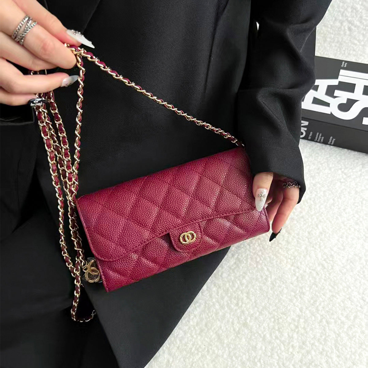 Women's Cowhide Caviar Long Large Capacity Clutch Rhombus Ladies Wallet