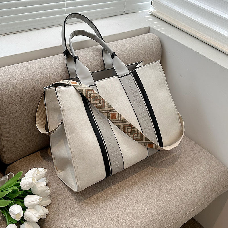 Women's Canvas Contrast Color Large Capacity Fashionable Tote Bags