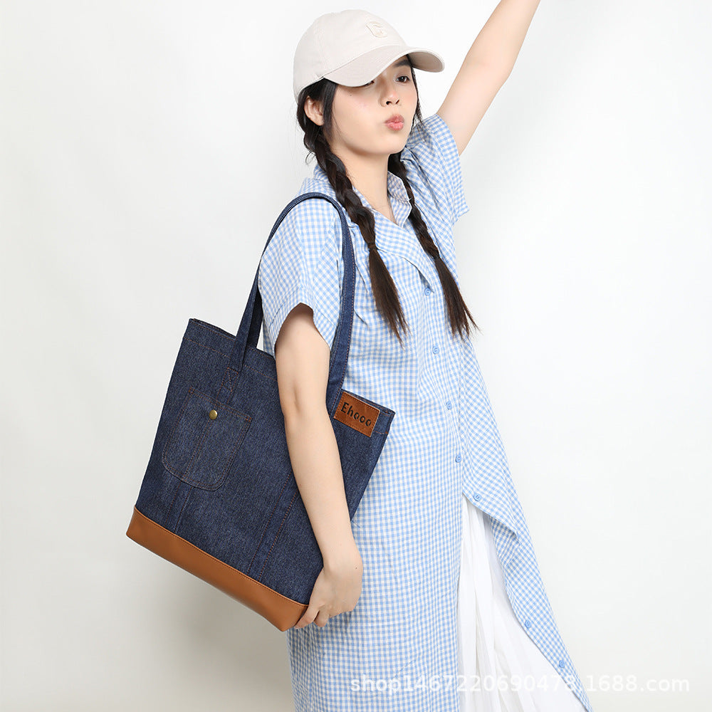Spring Korean Style Simple Denim Commuter Large Shoulder Bags