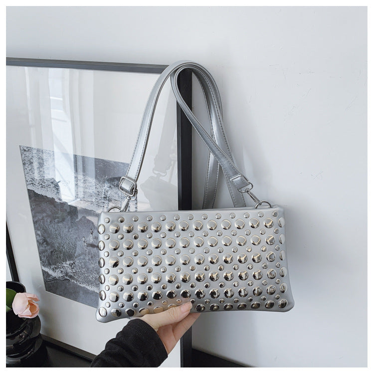Women's Rivet Shiny Textured Wide Strap Small Square Bags