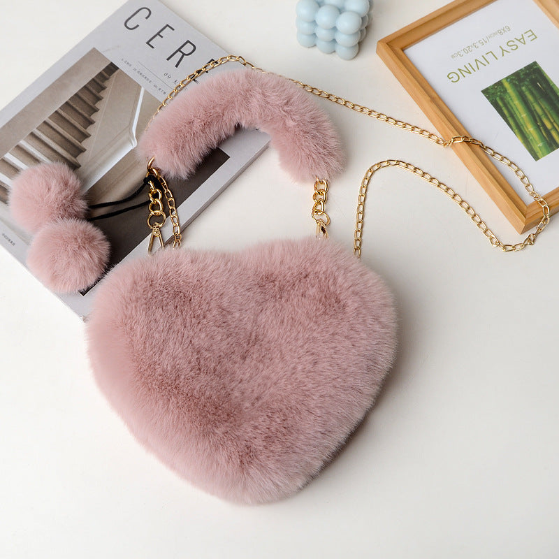 Women's Plush Heart Chain Portable Imitation Rabbit Fur Women's Shoulder Bag