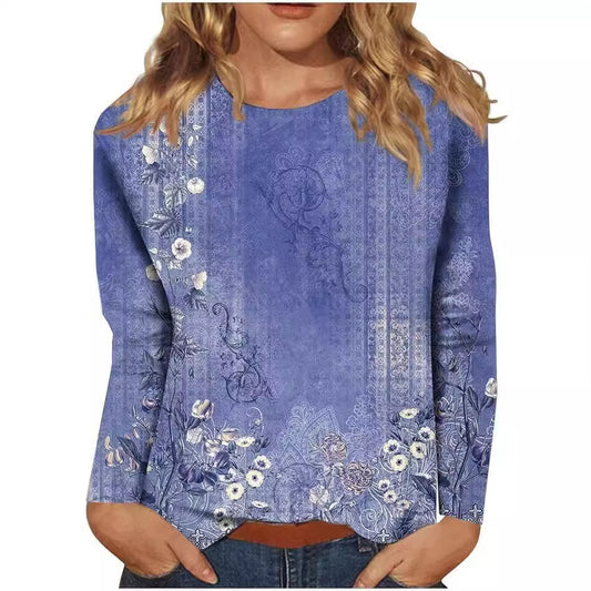 Women's Round Neck Long Sleeve Loose Print Blouses