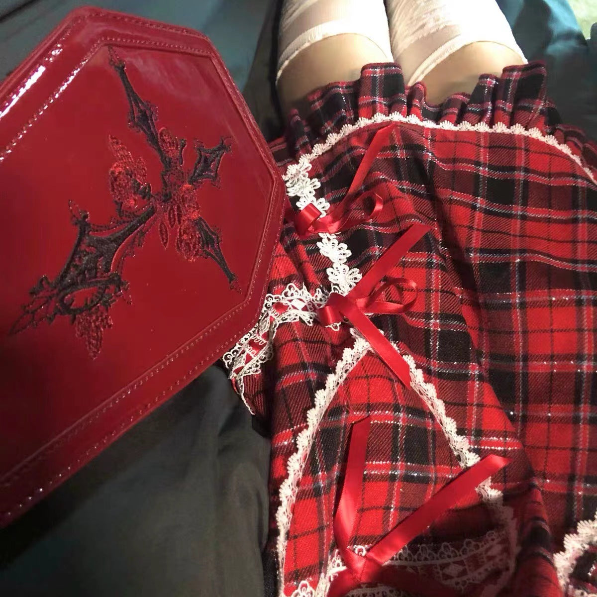 Women's Patent Leather Embroidered Coffin Red Punk Cosmetic Bags