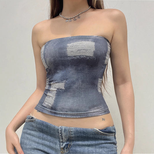 Fashion Imitation Denim Broken Printed Tube Tops