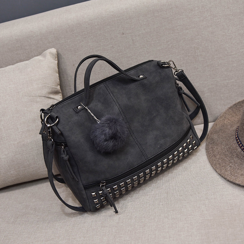 Women's Frosted Fur Ball Motorcycle Big Rivet Women's Handbag