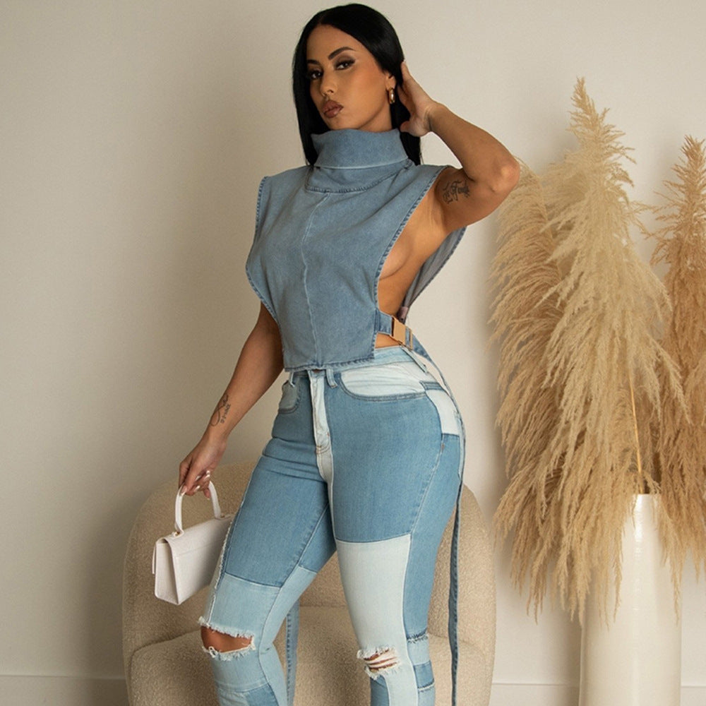 Women's Denim Washed Pile Collar Sleeveless For Vests
