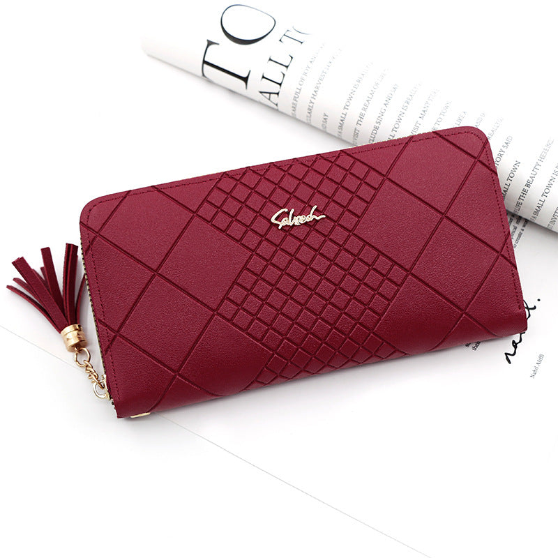Women's Long Portable Mobile Simple Embossed Tassel Bags